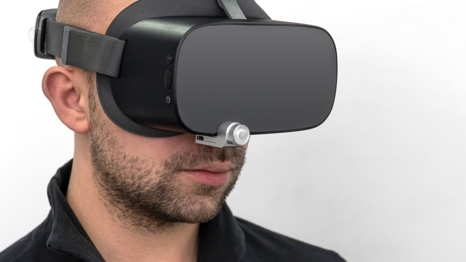 virtual reality headset with Alt- Antilatency tracker connected by usb-c type antilatency radio-socket